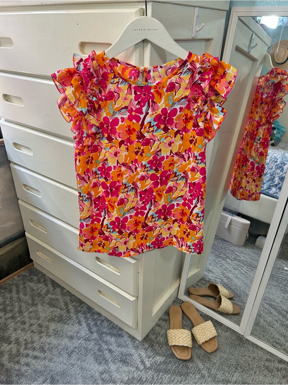 Floral Ruffle Sleeve Summer Bold Spring Blooms Tropical Blouse✨
